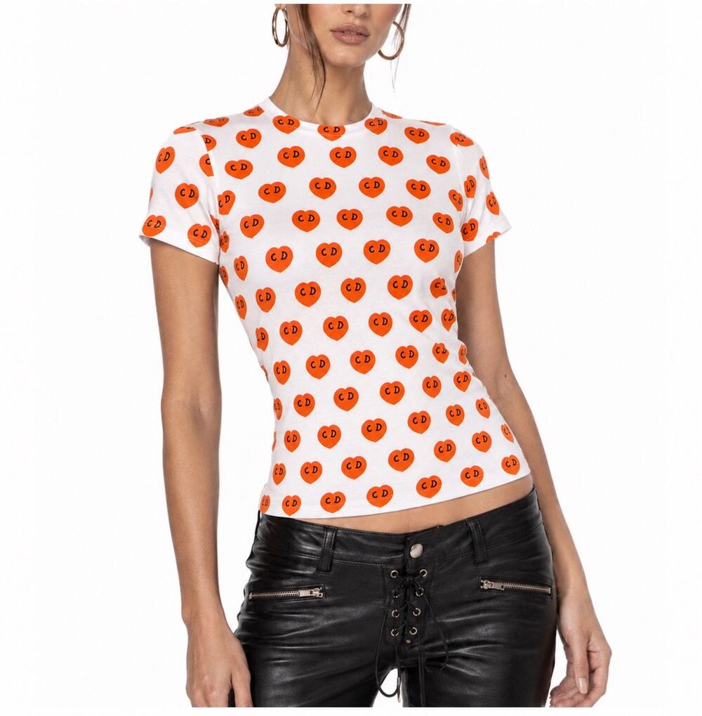 Vintage Christian Dior White Tee Orange All Over CD Logo Heart Print Tee Shirt